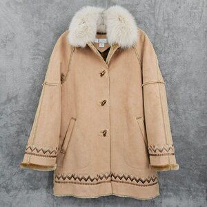 1 Madison Coat S Tan Brown Fox Fur Suede Feel Penny Lane Boho Toggle Embroidered